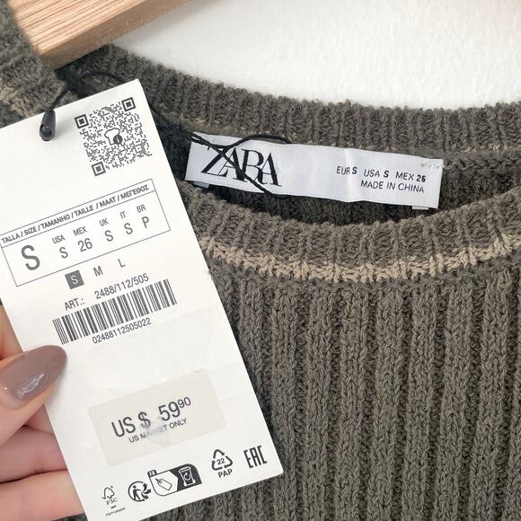 ZARA RIBBED KNIT PIPED STRETCH LONG SLEEVE MIDI DRESS KHAKI - Picture 13 of 13